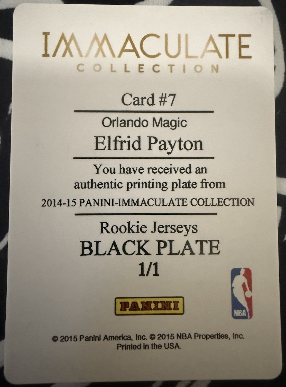ELFRID PAYTON 2014-15 Panini Immaculate Rookie Jersey PRINTING PLATE #1/1 Magic