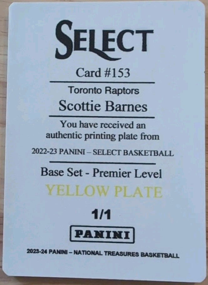 SCOTTIE BARNES 2022-23 Panini Select Premier Level PRINTING PLATE SP 1/1 Raptors