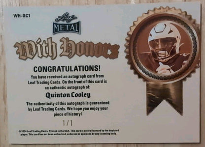 QUINTON COOLEY 2024 Leaf Metal With Honors AUTO EARTH MOJO 1/1 of Liberty Flames