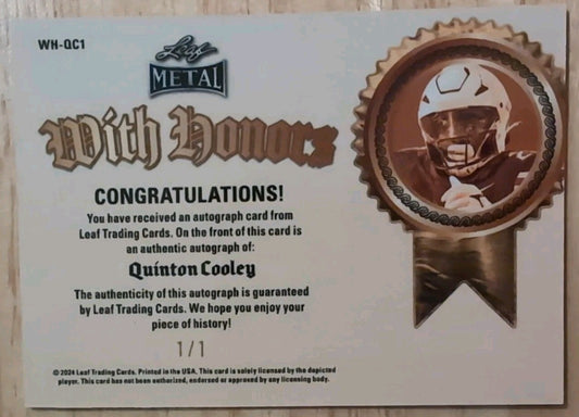 QUINTON COOLEY 2024 Leaf Metal With Honors AUTO EARTH MOJO 1/1 of Liberty Flames
