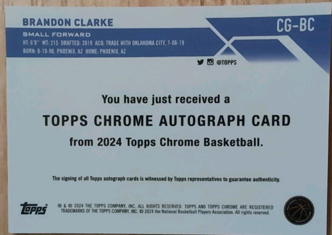 BRANDON CLARKE 2023-2024 Topps Chrome Basketball Purple Geometric AUTO Grizzlies